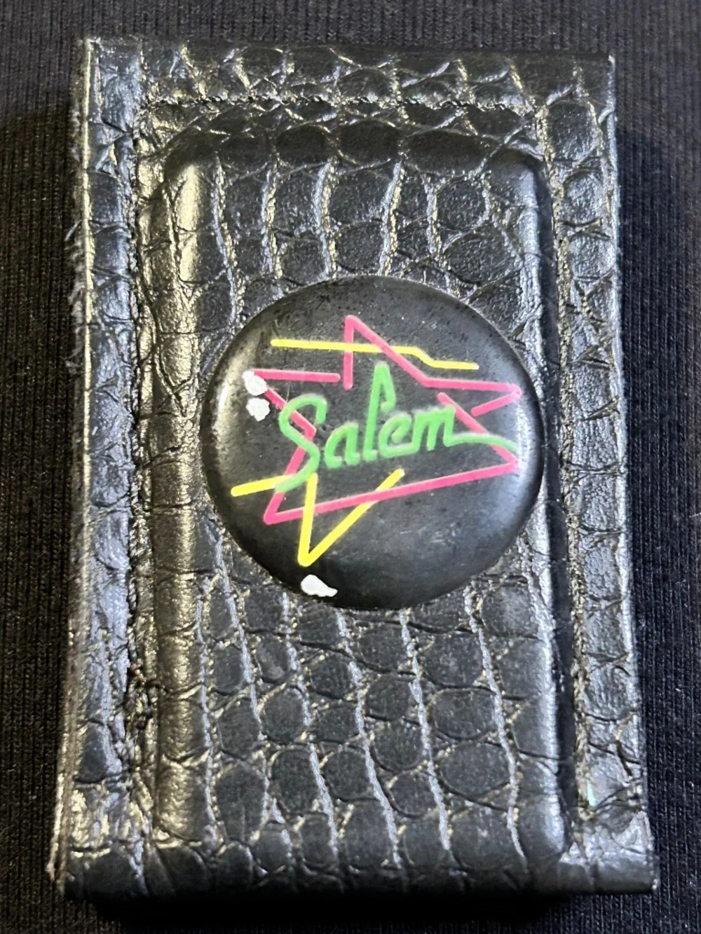 80s/90s Black Leather Crocodile Embossed Money Clip w/ Salem Logo, 4in x 2in